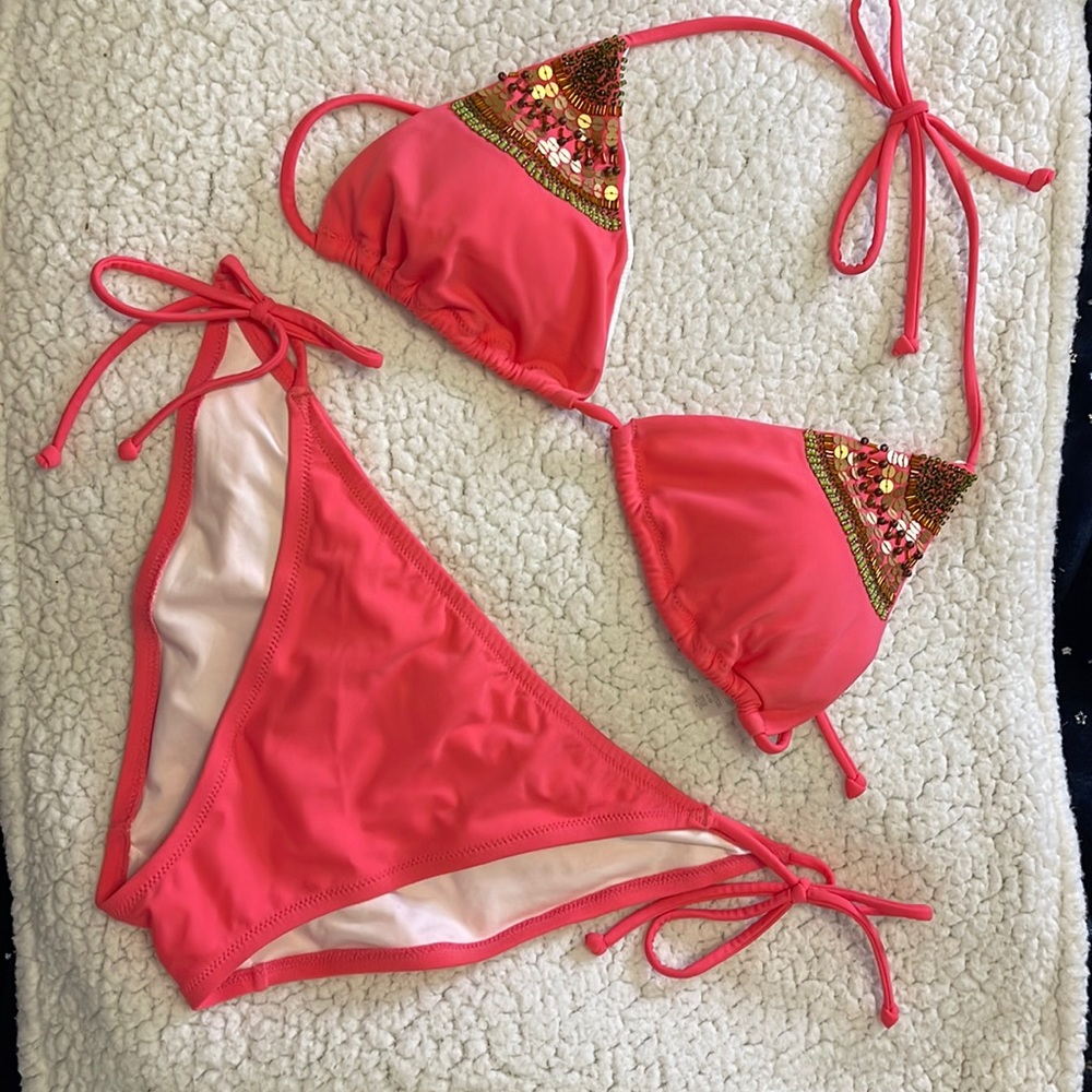 Women’s Coral Sequin Triangle Bikini Set - Brand Unspecified